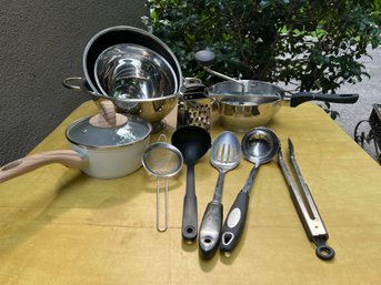 Kitchen Lot: Pots, Mixing Bowls, Strainer, Utensils And More