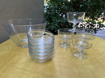 5- ARC Glass Bowls, 3 Glass Pedestal Dessert Cups And Glass Mixing Bowl