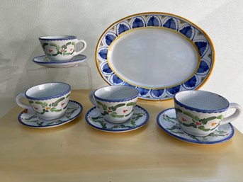 4- Pottery Cups/saucers, Casserole Dish, Mesa International Pottery Platter & Napkin Rings