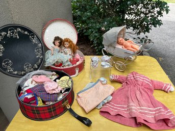 Vintage Vogue Dolls, Stroller, Clothes And Tea Set