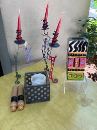 Ceramic Colorful Vase, Metal Circus Candle Holder, 2 Root Candles, And Candle Holder