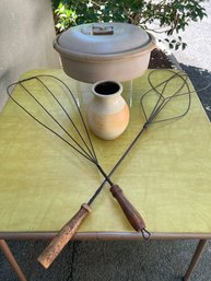 Vermont Castings Stoneware Casserole, Vase And 2- Antique Primitive Wood Handle Twisted Wire Heart Shaped Rug