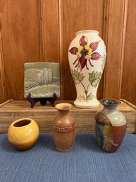 4- Ceramic Vases And 1 Stone Tile: Moorcroft, Heager, And More