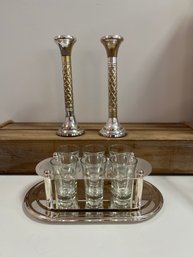 Silver Plate Candle Holders And Liquor Service Goblets Cup Liquor Vodka Shots Bar Set