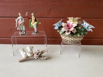 Capodimonte Porcelain Flower Basket, Man/woman And Birds On Branch