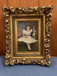 Signed Painting Of Girl And Dog On Wood