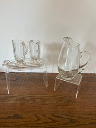 Wheat Etched Glass Creamer/sugar/tray And Glass Pitcher