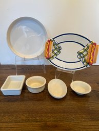 Corning Ware Pie Dish, Hot Dog Platter And 4 Ceramic Trinket Bowls And Trays