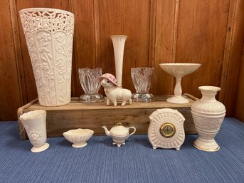Lenox Lot: Vases, Piggy, Clear Glass Vases, Teapot Ornament, Desk Top Clock And More