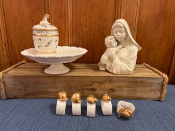 Mikasa Mother And Child, Cake Stand, 5 Sea Shell Napkin Rings And Antoine De Paris Canister