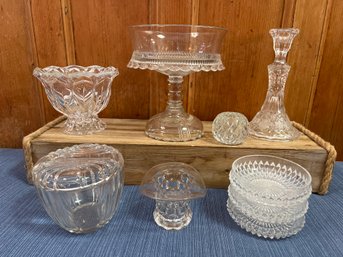 Cut Glass Lot: Fruit Bowl, Wine Coasters Candle Holders Lidded Jar And More
