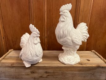 White Ceramic Rooster And Chicken