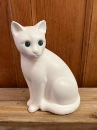 White Ceramic Cat With Green Eyes: Made In Portugal