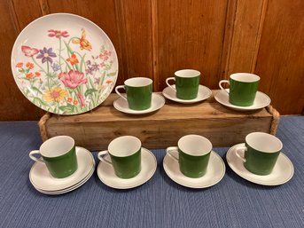 7 Tea Cups/Saucers, 2 Extra Saucers And Spring Floral Plate