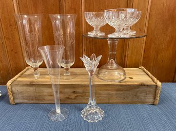 3- Crystal Sorbet Cups, Glass Cake Stand, 2 Flower Etched Vases, 1 Trumpet Vase And 1 Candle Stick Holder