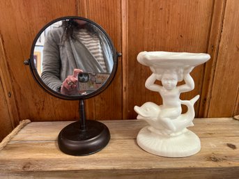 Vintage Pedestal Stand Dish Boy Riding Dolphin And Table Top Mirror