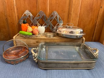 Glass Marinex Casserole With Metal Hammered/roses Stand, Silver Plate Stand With Pink Depression Glass Insert