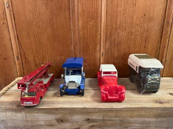 4 Vintage Cars/trucks: Avon After Shave, Harrods, Pepsi Cola Bank And Simon Snorkel Fire Engine