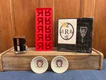 R Lot: Monogram Napkins And Wine Stopper, R Cup, R Ice Cube Tray And 2 R Coasters