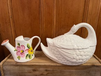 Ceramic Safaril Portugal Swan Soup Tureen And Ceramic Watering Can Italy