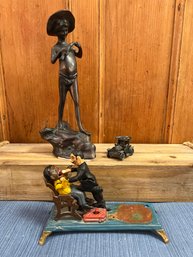 Bronze Statue Of Boy & Fish Made In India, Vintage Cast Iron The Dentist /Pulling Teeth & Old Car Pencil Sharp
