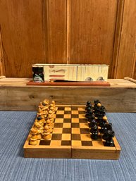 Travel Chess Game, And Glass Quill And Ink.