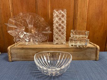 Glass/crystal Vases, Bowl, 2 Spoon Rest And Etched Flower Bowl