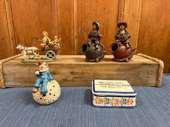 Littles: Clay Figures Sitting On Jugs, Clown Tea Light Holder, Montecatini Folk And Trinket Box