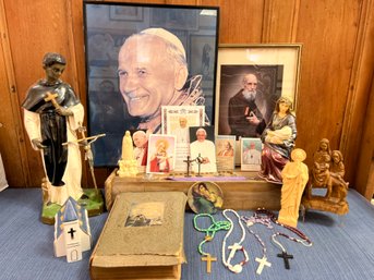 Religious Lot: Rosary Beads, Statue, Bible, Pictures And More.