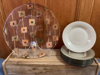10- Gold Foiled Plates And 1 Mid Century Platter