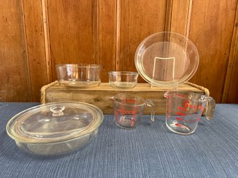 Pyrex Lot: Pie Plate, Measuring Cups, Glass Bowls, And Divided Bowl With Lid