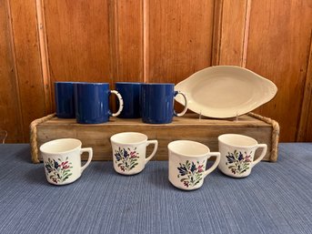5 Blue Ceramic Mugs, 4- Porcelain Mugs Made In England & 1 Overproof Casserole