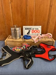 Dog Lot: Large Harnesses, Treat Jar, Leash, Sign And Toy