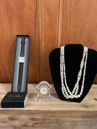 Classified Watch, Waterford Crystal Small Desk Top Clock And Costume Pearls