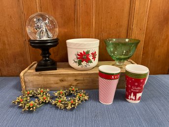 Christmas Lot: Santa Globe, Green Glass Pedestal Bowl, Poinsettias Planter, Candle Decor, And 2 Mugs