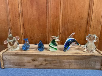 Paperweights: Murano Duck/dolphin, Bubble Glass Elephant/owl And Blue Glass Seal And Fish