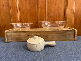 2 Pyrex Mixing Nesting Bowls And Snowflake Soup Pot