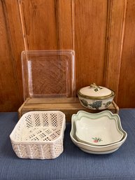 Ceramic Basket, John B Taylor Covered Casserole Dish, Plastic Cheese Board & Wedgwood Nesting Bowls