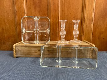 2- Segmented Heavy Duty Glass Serving Platters, And Cut Glass Candle Holders