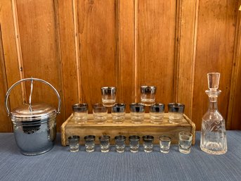 8-Mercury Fade Low Ball Glasses, 6 Shot Glasses, 2 One Off Shot Glass, United Ice Bucket And Crystal Decanter