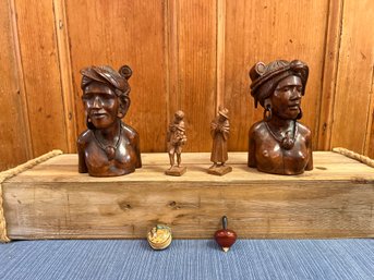 2 African Busts, 2 Vintage Wood Carved Men, Handmade LACQUERED WOOD Round Trinket Box, And Wood Spinning Top