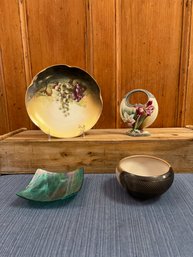 Bavaria Porcelain Plate, Tokio Wheelock Japan Vase, Iridescent Candle Holder And Signed Pottery