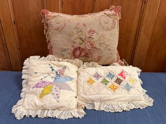 2- Vintage Quilted Pillows And 1 Embroidery Flower Throw Pillow