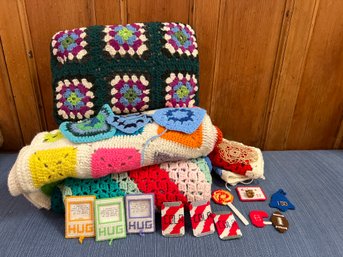 Crochet Lot: 2 Blankets, Pillow, Magnets, Coasters, And 2 Doily.