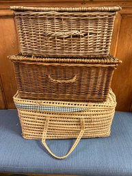 2 Wicker Wood Baskets And 1 Bamboo Picnic Basket