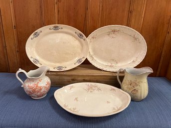 Antique Platters And 2 Pitchers: Maine, Royal Stone, Warwick, And Pope Gosser