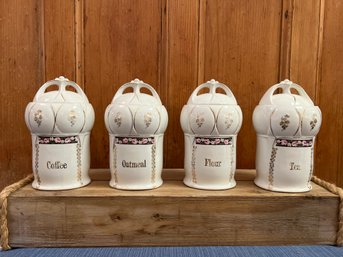 Antique German Coffee, Oatmeal, Flour And Tea Porcelain Canisters