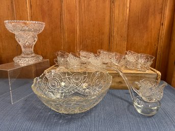Cut Glass Punch Bowl 16 Cups, Creamer, Ladle And Vase