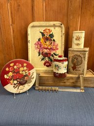 Antique/vintage Tins, Trays And Over The Door Metal Hooks