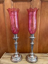 2- English Etched Wheat Cranberry Glass Candlesticks